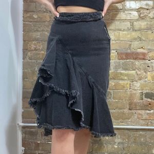 ZARA | Denim Ruffled MIDI Skirt | Charcoal | Raw Hems